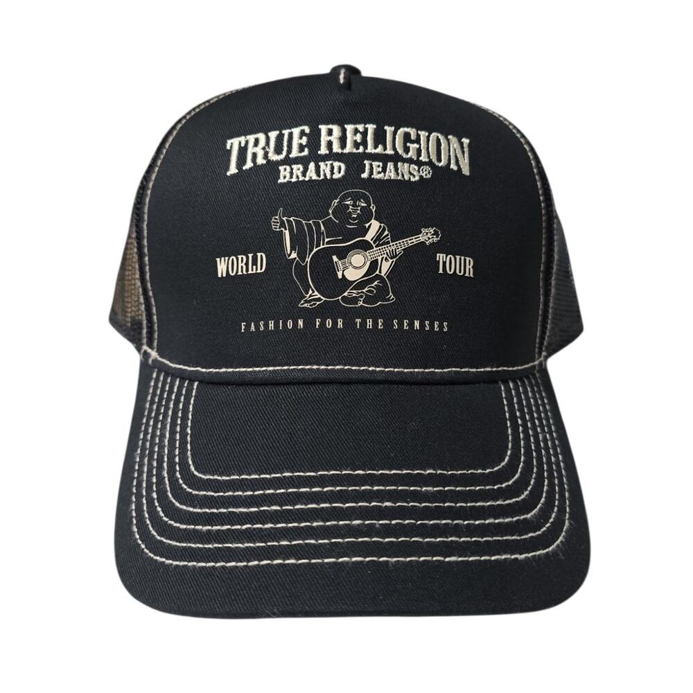 True Religion Buddha Trucker Hat Snapback Men's Black Streetwear Cap Logo